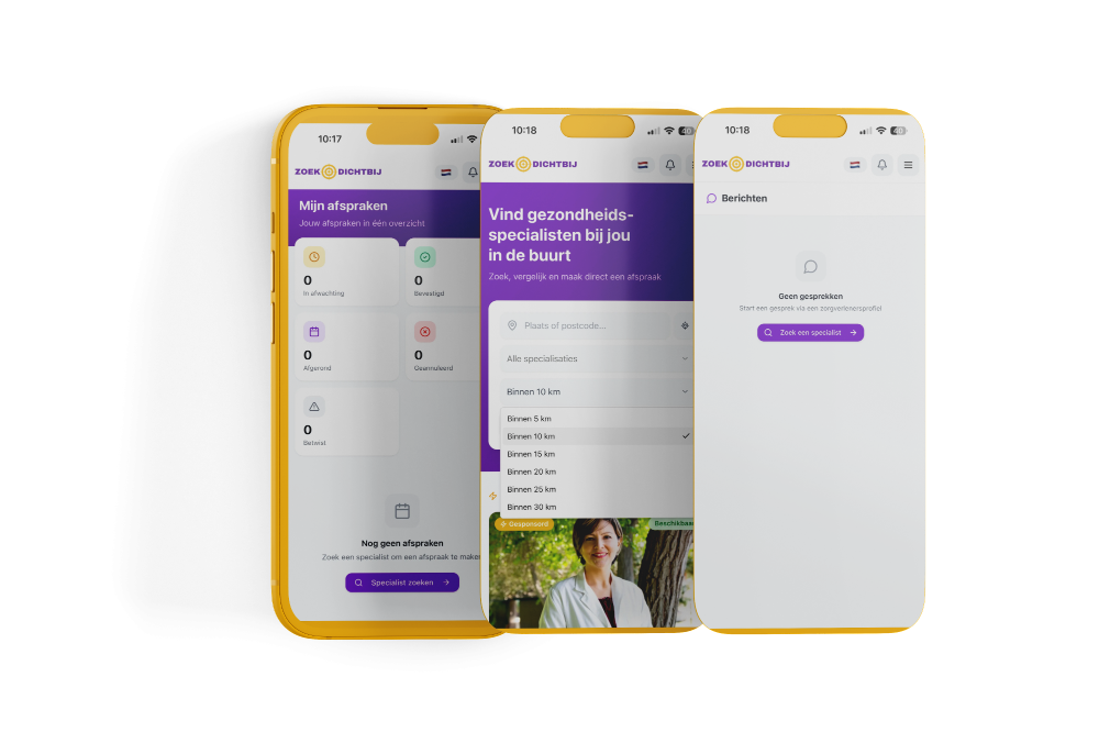 Interface van zoekdichtbij.nl app